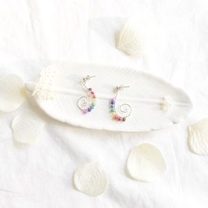 Silver Rainbow Scroll Heart Earrings